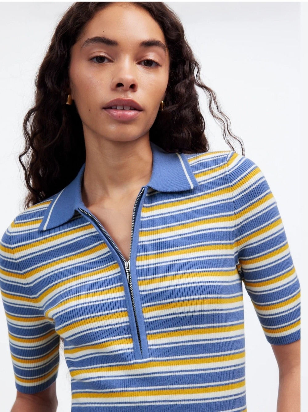 Madewell Striped Polo Zip Knit Top in Blue and Yellow